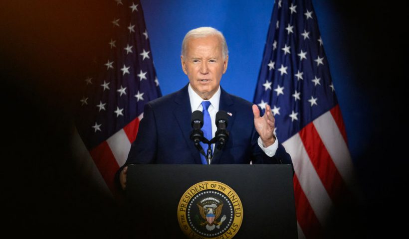 TOPSHOT - US President Joe Biden speaks during a press conference at the close of the 75th NATO Summit at the Walter E. Washington Convention Center in Washington, DC on July 11, 2024. (Photo by Mandel NGAN / AFP) (Photo by MANDEL NGAN/AFP via Getty Images)