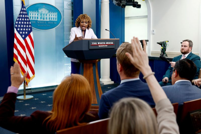 WASHINGTON, DC - JULY 08: White House Press Secretary Karine Jean-Pierre speaks during a daily news briefing at the James S. Brady Press Briefing Room of the White House on July 08, 2024 in Washington, DC. During the briefing reporters asked a range of questions pertaining to the upcoming NATO summit and U.S. President Joe Biden’s health. (Photo by Anna Moneymaker/Getty Images)