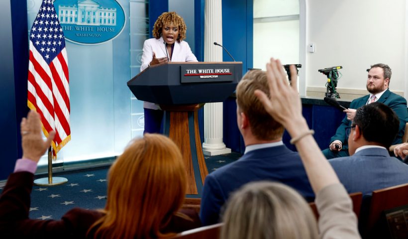 WASHINGTON, DC - JULY 08: White House Press Secretary Karine Jean-Pierre speaks during a daily news briefing at the James S. Brady Press Briefing Room of the White House on July 08, 2024 in Washington, DC. During the briefing reporters asked a range of questions pertaining to the upcoming NATO summit and U.S. President Joe Biden’s health. (Photo by Anna Moneymaker/Getty Images)