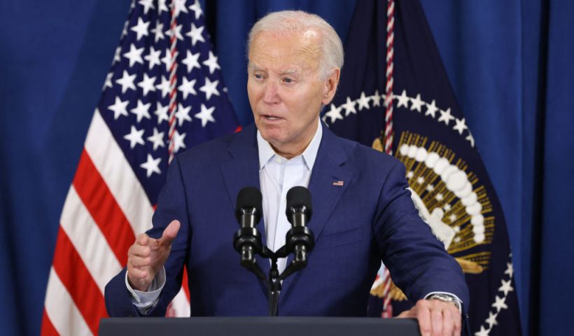 TOPSHOT - US President Joe Biden speaks after his Republican opponent Donald Trump was injured following a shooting at an election rally in Pennsylvania, at the Rehoboth Beach Police Department, in Rehoboth Beach, Delaware, July 13, 2024. US President Joe Biden led the condemnation after his election rival Donald Trump was wounded in a shooting incident at a rally in Pennsylvania July 13 that also reportedly killed at least one bystander.