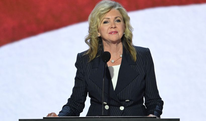 US Senator Marsha Blackburn, Republican of Tennessee, speaks during the first day of the 2024 Republican National Convention at the Fiserv Forum in Milwaukee, Wisconsin, July 15, 2024. Donald Trump won formal nomination as the Republican presidential candidate and picked a right-wing loyalist for running mate, kicking off a triumphalist party convention in the wake of last weekend's failed assassination attempt. (Photo by ANDREW CABALLERO-REYNOLDS / AFP) (Photo by ANDREW CABALLERO-REYNOLDS/AFP via Getty Images)