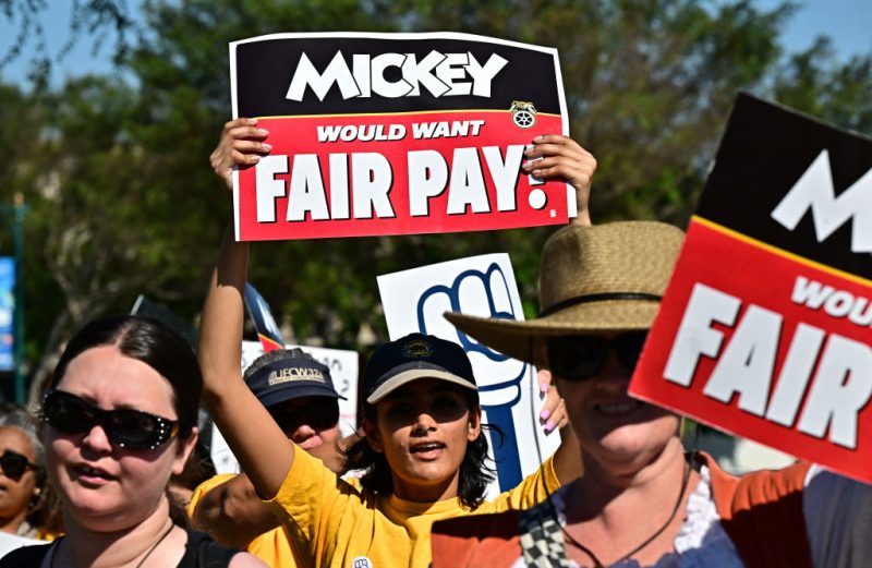 Disney employees hold up signs as they rally outside the main entrance of Disneyland Resort in Anaheim, California, on July 17, 2024, ahead of a planned strike authorization vote. More than 200 Disneyland Resort employees protested outside the world-famous California theme parks July 17, calling for better wages and denouncing alleged anti-union practices by the company ahead of a looming strike vote. Featuring workers in costumes from the parks' "Indiana Jones" and "Star Wars" themed rides, among others, the rally was organized by unions representing some 14,000 Disneyland employees, from rollercoaster operators to candy makers. (Photo by Frederic J. BROWN / AFP) (Photo by FREDERIC J. BROWN/AFP via Getty Images)