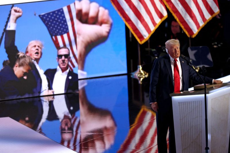 Former US President and 2024 Republican presidential candidate Donald Trump accepts his party's nomination on the last day of the 2024 Republican National Convention at the Fiserv Forum in Milwaukee, Wisconsin, on July 18, 2024. Days after he survived an assassination attempt Trump won formal nomination as the Republican presidential candidate and picked Ohio US Senator J.D. Vance for running mate. (Photo by alex wroblewski / AFP) (Photo by ALEX WROBLEWSKI/AFP via Getty Images)