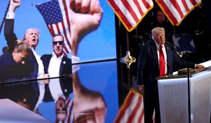 Former US President and 2024 Republican presidential candidate Donald Trump accepts his party's nomination on the last day of the 2024 Republican National Convention at the Fiserv Forum in Milwaukee, Wisconsin, on July 18, 2024. Days after he survived an assassination attempt Trump won formal nomination as the Republican presidential candidate and picked Ohio US Senator J.D. Vance for running mate. (Photo by alex wroblewski / AFP) (Photo by ALEX WROBLEWSKI/AFP via Getty Images)