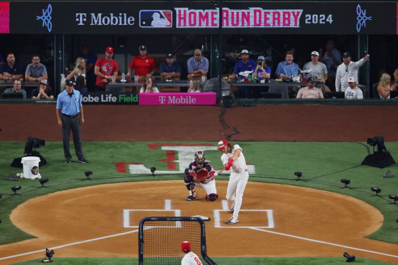 ARLINGTON, TEXAS - JULY 15: Alec Bohm #28 of the Philadelphia Philllies bats during the T-Mobile Home Run Derby at Globe Life Field on July 15, 2024 in Arlington, Texas. (Photo by Richard Rodriguez/Getty Images)