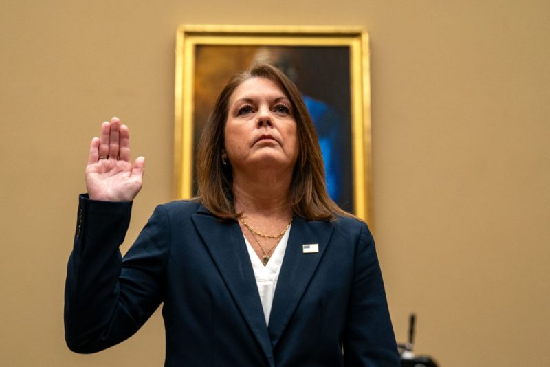 WASHINGTON, DC - JULY 22: United Sates Secret Service Director Kimberly Cheatle is sworn in before testifying before the House Oversight and Accountability Committee during a hearing at the Rayburn House Office Building on July 22, 2024 in Washington, DC. The beleaguered leader of the United States Secret Service has vowed cooperation with all investigations into the agency following the attempted assassination of former President Donald Trump. (Photo by Kent Nishimura/Getty Images)