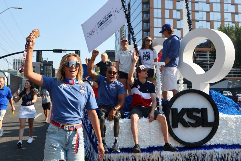 SALT LAKE CITY, UTAH - JULY 24: Skier Sam Macuga takes part in the Days of '47 parade after the IOC awarded the 2034 Winter Olympics to Salt Lake City on July 24, 2024 in Salt Lake City, Utah. (Photo by C. Morgan Engel/Getty Images)