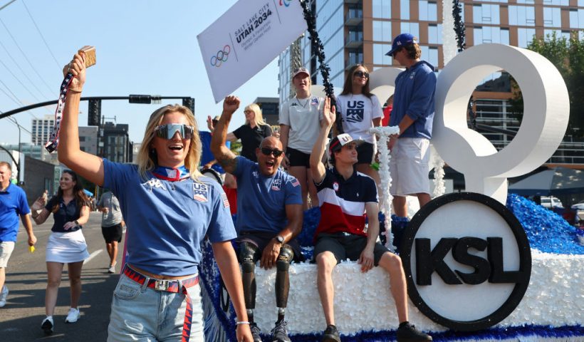 SALT LAKE CITY, UTAH - JULY 24: Skier Sam Macuga takes part in the Days of '47 parade after the IOC awarded the 2034 Winter Olympics to Salt Lake City on July 24, 2024 in Salt Lake City, Utah. (Photo by C. Morgan Engel/Getty Images)