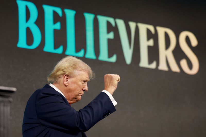 WEST PALM BEACH, FLORIDA—JULY 26: Former President Donald Trump speaks during a Turning Point USA Believers Summit conference at the Palm Beach Convention Center on July 26, 2024 in West Palm Beach, Florida. Trump had earlier met with Israeli Prime Minister Benjamin Netanyahu at Mar-a-Lago. (Photo by Joe Raedle/Getty Images)