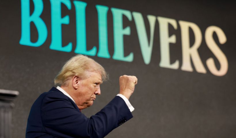 WEST PALM BEACH, FLORIDA—JULY 26: Former President Donald Trump speaks during a Turning Point USA Believers Summit conference at the Palm Beach Convention Center on July 26, 2024 in West Palm Beach, Florida. Trump had earlier met with Israeli Prime Minister Benjamin Netanyahu at Mar-a-Lago. (Photo by Joe Raedle/Getty Images)