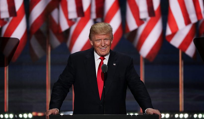 CLEVELAND, OH - JULY 21: Republican presidential candidate Donald Trump acknowledges the crowd after his daughter, Ivanka Trump, introduced him during the evening session on the fourth day of the Republican National Convention on July 21, 2016 at the Quicken Loans Arena in Cleveland, Ohio. Republican presidential candidate Donald Trump received the number of votes needed to secure the party's nomination. An estimated 50,000 people are expected in Cleveland, including hundreds of protesters and members of the media. The four-day Republican National Convention kicked off on July 18. (Photo by Alex Wong/Getty Images)