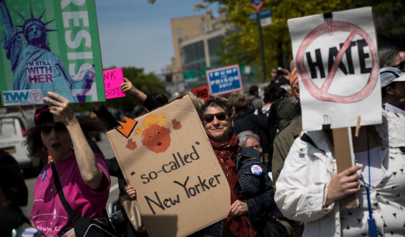 NEW YORK, NY - MAY 4: Demonstrators protest along the West Side Highway ahead of President Donald Trump's arrival, May 4, 2017 in New York City. President Donald Trump is returning to New York City on Thursday for the first time since taking office and several protests are planned throughout the city. (Photo by Drew Angerer/Getty Images)