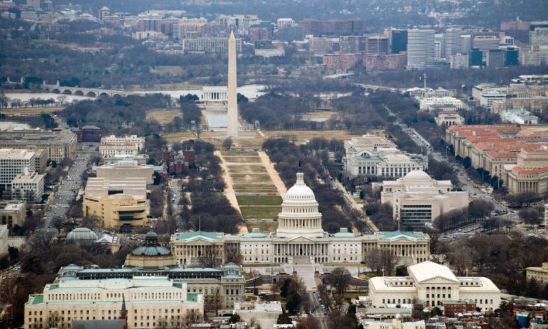 The skyline of Washington, DC, including the US Capitol building, Washington Monument, Lincoln Memorial and National Mall, is seen from the air, January 29, 2010. AFP PHOTO / Saul LOEB (Photo credit should read SAUL LOEB/AFP via Getty Images)