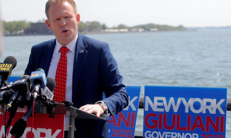 Andrew Giuliani, the son of former New York City Mayor Rudolph Giuliani, speaks during a news conference to launch his Republican campaign for governor of New York in 2022, in Manhattan in New York City, New York, U.S., May 18, 2021. REUTERS/Brendan McDermid