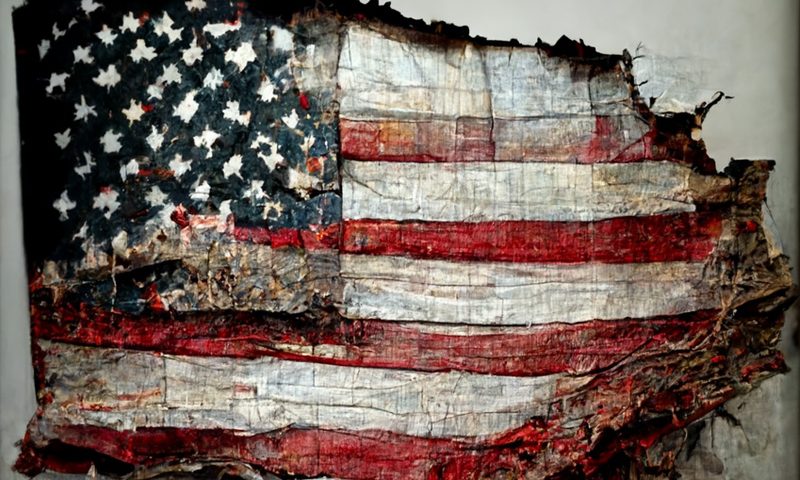 Photo realistic rendition of a tattered, torn American flag.