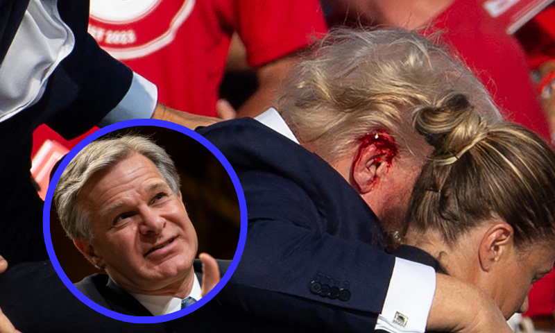 (L) WASHINGTON, DC - JUNE 4: FBI Director Christopher Wray testifies during a Senate Appropriations Subcommittee hearing on the FBI's proposed budget for the 2025 fiscal year on June 4, 2024 in Washington, DC. (Photo by Samuel Corum/Getty Images) / (R) US Republican candidate Donald Trump is seen with blood on his face surrounded by secret service agents as he is taken off the stage at a campaign event at Butler Farm Show Inc. in Butler, Pennsylvania, on July 13, 2024. Trump was hit in the ear in an apparent assassination attempt by a gunman at a campaign rally on Saturday, in a chaotic and shocking incident that will fuel fears of instability ahead of the 2024 US presidential election. The 78-year-old former president was rushed off stage with blood smeared across his face after the shooting in Butler, Pennsylvania, while the gunman and a bystander were killed and two spectators critically injured. (Photo by Rebecca DROKE / AFP) / QUALITY REPEAT (Photo by REBECCA DROKE/AFP via Getty Images)