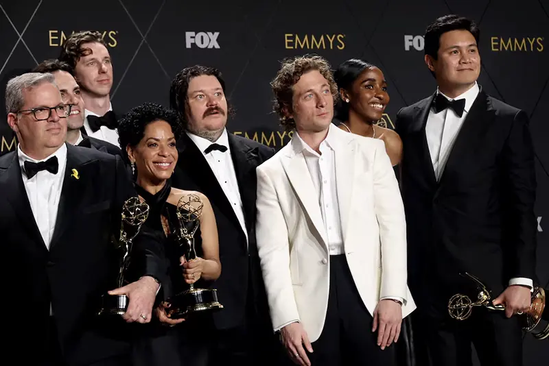 Jeremy Allen White, Ayo Edebiri, and cast members of "The Bear" pose together with awards, at the 75th Primetime Emmy Awards in Los Angeles, California, U.S., January 15, 2024. REUTERS/Aude Guerrucci/File Photo