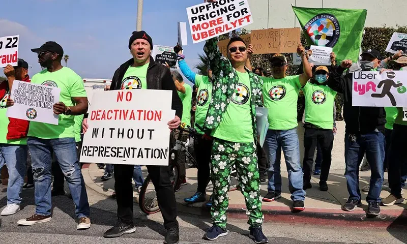 Uber, Lyft and DoorDash drivers strike, during what they are calling "A National Day of Action", to protest fair pay and treatment by their rideshare companies, in Los Angeles, California, U.S., February 14, 2024. REUTERS/Mike Blake