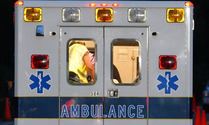 HUNTINGTON, UT - AUGUST 16: An Emery County ambulance leaves the Crandall Canyon coal mine August 16, 2007 near Huntington, Utah. Several ambulances and a MEDEVAC helicopter arrived at the mine in the evening as rescuers were injured during a collapse as they searched for six coal miners trapped 1,500 feet beneath the surface at the Crandall Canyon coal mine after an August 6 cave-in. (Photo by Justin Sullivan/Getty Images)