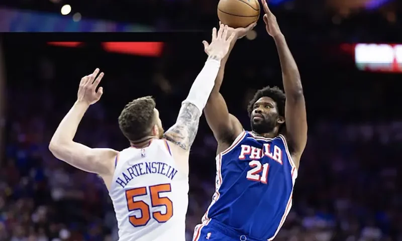 Philadelphia 76ers center Joel Embiid (21) shoots the ball against New York Knicks center Isaiah Hartenstein (55) during the second half of game six of the first round for the 2024 NBA playoffs at Wells Fargo Center. Mandatory Credit: Bill Streicher-USA TODAY Sports/File Photo