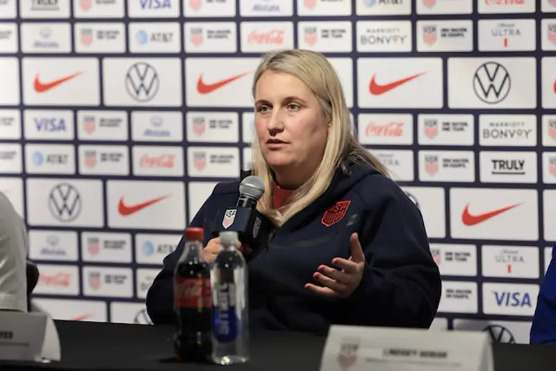 United States Women's head coach Emma Hayes talks to the media during a press conference at Nike House of Innovation NYC. Mandatory Credit: Vincent Carchietta-USA TODAY Sports/File Photo