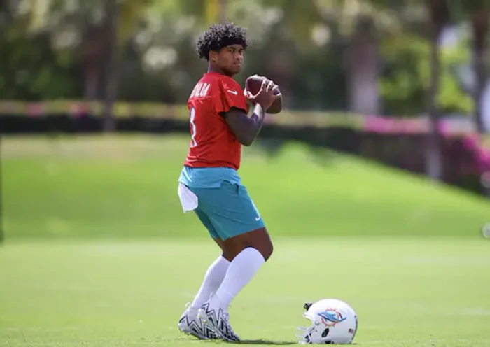 Miami Dolphins quarterback Tua Tagovailoa (1) throws the football during mandatory minicamp at Baptist Health Training Complex. Mandatory Credit: Sam Navarro-USA TODAY Sports/File Photo