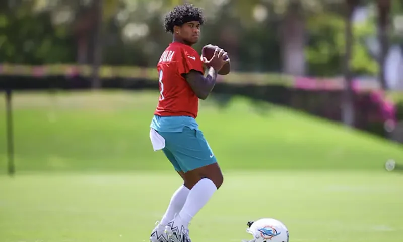 Miami Dolphins quarterback Tua Tagovailoa (1) throws the football during mandatory minicamp at Baptist Health Training Complex. Mandatory Credit: Sam Navarro-USA TODAY Sports/File Photo