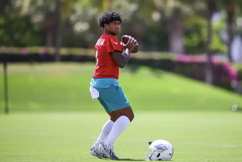 Miami Dolphins quarterback Tua Tagovailoa (1) throws the football during mandatory minicamp at Baptist Health Training Complex. Mandatory Credit: Sam Navarro-USA TODAY Sports/File Photo