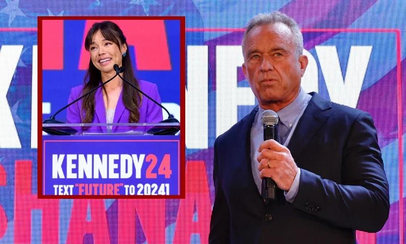 Independent Vice Presidential candidate Nicole Shanahan speaks during a campaign event at the Henry J. Kaiser Event Center in Oakland, California, on March 26, 2024. Independent US presidential candidate Robert F. Kennedy Jr. announced wealthy Silicon Valley lawyer and political newcomer Nicole Shanahan as his running mate March 26, 2024, as he pursues an anti-establishment campaign seen as an increasing threat to Democrat Joe Biden. (Photo by JOSH EDELSON / AFP) (Photo by JOSH EDELSON/AFP via Getty Images) / (R) Independent presidential candidate Robert F. Kennedy Jr. attends a press conference in the Brooklyn borough of New York, on May 1, 2024. (Photo by Kena Betancur / AFP) (Photo by KENA BETANCUR/AFP via Getty Images)