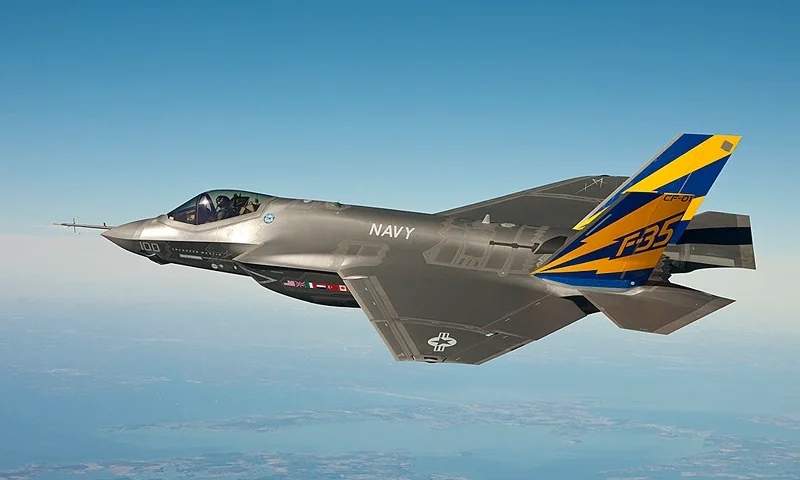 IN AIR, NAVAL AIR STATION PATUXENT RIVER, MD - FEBRUARY 11: (EDITORS NOTE: Image has been received by U.S. Military prior to transmission) In this image released by the U.S. Navy courtesy of Lockheed Martin, the U.S. Navy variant of the F-35 Joint Strike Fighter, the F-35C, conducts a test flight February 11, 2011 over the Chesapeake Bay. Lt. Cmdr. Eric "Magic" Buus flew the F-35C for two hours, checking instruments that will measure structural loads on the airframe during flight maneuvers. The F-35C is distinct from the F-35A and F-35B variants with larger wing surfaces and reinforced landing gear for greater control when operating in the demanding carrier take-off and landing environment. (Photo by U.S. Navy photo courtesy Lockheed Martin via Getty Images)