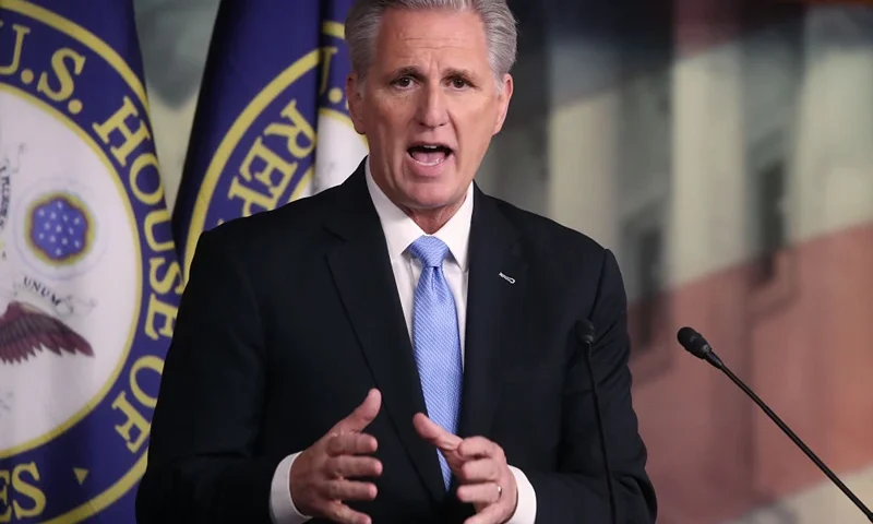 WASHINGTON, DC - FEBRUARY 27: House Minority Leader Kevin McCarthy (R-CA) speaks during his weekly news conference at the U.S. Capitol on February 27, 2020 in Washington, DC. The White House earlier this week put forward a $2.5 billion request for emergency funding to fight the coronavirus to which McCarthy responded, "I think $2 billion is a little low, I think we're probably looking at $4 billion in this process, having spoken to Democrat House members from Appropriations." (Photo by Mark Wilson/Getty Images)