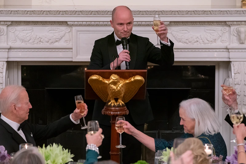 President Biden Hosts Dinner For Nation's Governors Gathered In D.C. For National Governor's Association Winter Meeting
WASHINGTON, DC - FEBRUARY 11: U.S. President Joe Biden listens as National Governors Association Vice Chair, Governor Spencer Cox of Utah delivers a toast during a black-tie dinner in the State Dining Room at the White House on February 11, 2023 in Washington, DC. President Biden hosted the dinner as governors gathered in Washington for the National Governor's Association Winter Meeting. (Photo by Nathan Howard/Getty Images)