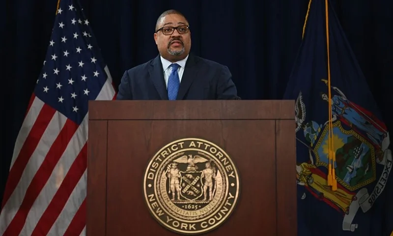 Manhattan District Attorney Alvin Bragg speaks during a press conference to discuss his indictment of former President Donald Trump, outside the Manhattan Federal Court in New York, April 4, 2023. - Trump was charged with 34 felony counts of falsifying business records stemming from three pre-election hush-money cases, prosecutors said. (Photo by ANGELA WEISS / AFP) (Photo by ANGELA WEISS/AFP via Getty Images)