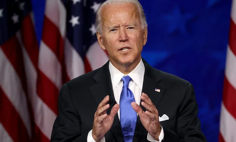 Joe Biden Accepts Party's Nomination For President In Delaware During Virtual DNC WILMINGTON, DELAWARE - AUGUST 20: Democratic presidential nominee Joe Biden delivers his acceptance speech on the fourth night of the Democratic National Convention from the Chase Center on August 20, 2020 in Wilmington, Delaware. The convention, which was once expected to draw 50,000 people to Milwaukee, Wisconsin, is now taking place virtually due to the coronavirus pandemic. (Photo by Win McNamee/Getty Images)