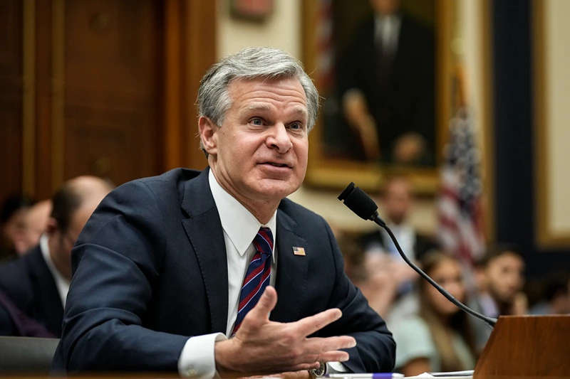 WASHINGTON, DC - JULY 12: FBI Director Christopher Wray testifies during a House Judiciary Committee hearing about oversight of the Federal Bureau of Investigation on Capitol Hill July 12, 2023 in Washington, DC. Conservative House Republicans claim that the FBI and other federal law enforcement agencies have been "weaponized" against conservatives, including former U.S. President Donald Trump and his allies. Wray defended the FBI workforce, emphasizing that the agency protects Americans every day "from a staggering array of threats." (Photo by Drew Angerer/Getty Images)