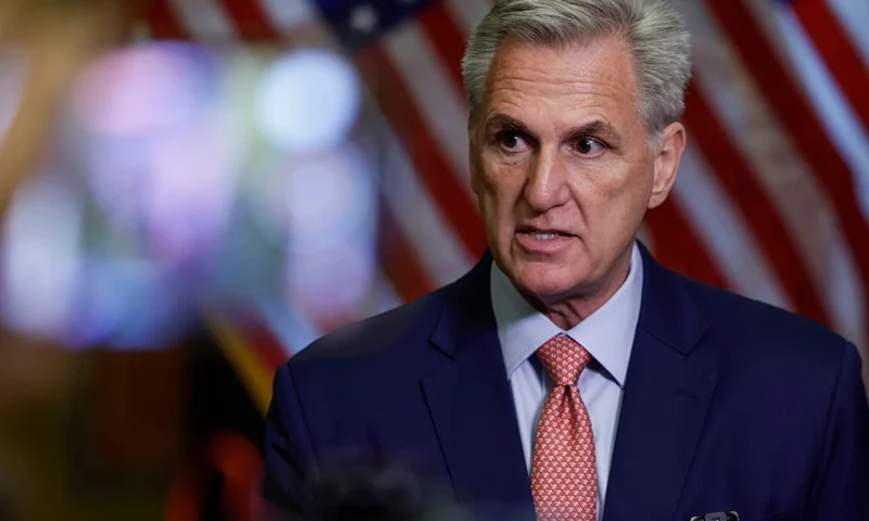 WASHINGTON, DC - JULY 25: U.S. Speaker of the House Kevin McCarthy (R-CA) speaks to reporters outside the Speakers Balcony at the U.S. Capitol Building on July 25, 2023 in Washington, DC. McCarthy held the media availability with reporters to discuss a potential impeachment inquiry against U.S. President Joe Biden that would focus on the Biden family's alleged financial misconduct. (Photo by Anna Moneymaker/Getty Images)