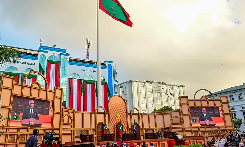 Maldives' president Mohamed Muizzu speaks during his inauguration ceremony in Male on November 17, 2023. President Mohamed Muizzu of the Maldives vowed on November 17 to expel Indian troops deployed in the strategically located archipelago, in his first speech to the nation after being sworn into power. (Photo by Ishara S. KODIKARA / AFP) (Photo by ISHARA S. KODIKARA/AFP via Getty Images)