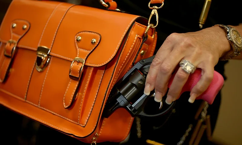 Florida Entrepreneur Creates Gun Fashion Line For Women BOCA RATON, FL - OCTOBER 21: Susan Kushlin poses with a concealed-carry handbag that her company, Gun Girls, Inc., created for women that enjoy guns on October 21, 2013 in Boca Raton, Florida. Her line includes bullet jewelry, handbags, belts and custom logo apparel with some of the items priced at $35 gold-toned bullet belts, $20 dangling gun earrings, $76 pink concealed-carry handbags and $21 rhinestone-studded tank tops. (Photo by Joe Raedle/Getty Images)