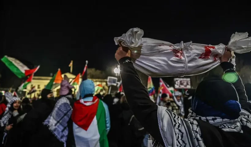 Pro-Palestinian demonstrators march to a rally in front of the White House in Washington, D.C., on Saturday. (Valerie Plesch/Bloomberg via Getty Images)