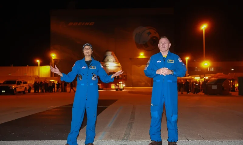 CAPE CANAVERAL, FLORIDA - APRIL 16: (L-R) Suni Williams, NASA astronaut and Starliner mission pilot, and Butch Wilmore, NASA astronaut and Starliner mission commander, speak to the media as the Boeing’s CST-100 Starliner spacecraft rolls out of the Commercial Crew and Cargo Processing Facility on its way to Space Launch Complex 41 at the Kennedy Space Center on April 16, 2024 in Cape Canaveral, Florida. At the launch complex, the Starliner will be secured atop a United Launch Alliance Atlas V rocket in preparation for the Boeing Starliner's first crewed launch to the International Space Station, scheduled for May 6th. (Photo by Joe Raedle/Getty Images)