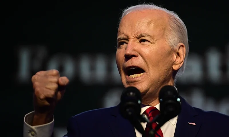 US-POLITICS-BIDEN US President Joe Biden speaks at the North American Building Trades Unions 2024 Legislative Conference in Washington, DC, on April 24, 2024. (Photo by Jim WATSON / AFP) (Photo by JIM WATSON/AFP via Getty Images)