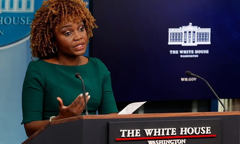 WASHINGTON, DC - MAY 17: White House Press Secretary Karine Jean-Pierre speak to reporters during the daily news conference in the Brady Press Briefing Room at the White House on May 17, 2024 in Washington, DC. White House National Security Communications Advisor John Kirby updated reporters about the humanitarian aid being delivered to the Gaza Strip using a floating platform and pier built by the United States military. (Photo by Chip Somodevilla/Getty Images)