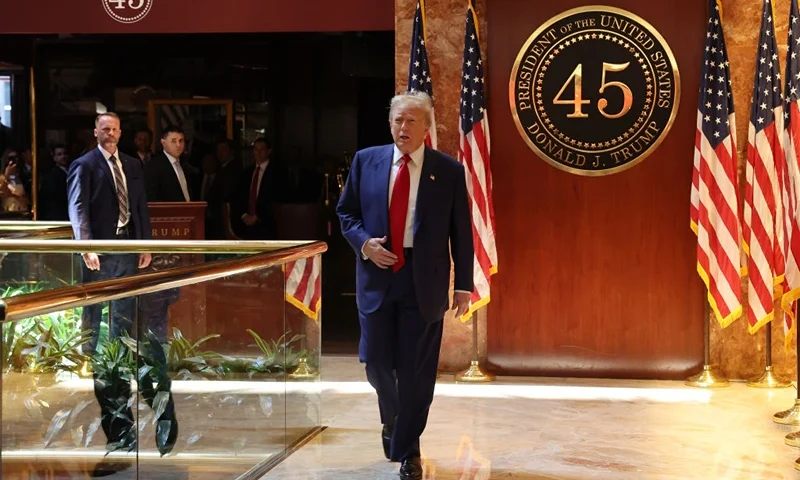 NEW YORK, NEW YORK - MAY 31: Former U.S. President Donald Trump enters a news conference at Trump Tower following the verdict in his hush-money trial at Trump Tower on May 31, 2024 in New York City. A New York jury found Trump guilty Thursday of all 34 charges of covering up a $130,000 hush money payment to adult film star Stormy Daniels to keep her story of their alleged affair from being published during the 2016 presidential election. Trump is the first former U.S. president to be convicted of crimes.