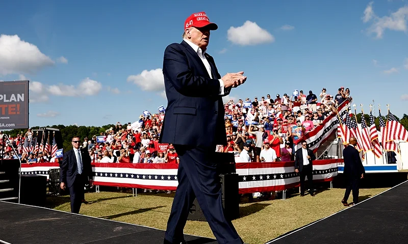 CHESAPEAKE, VIRGINIA - JUNE 28: Republican presidential candidate, former U.S. President Donald Trump walks offstafe after giving remarks at a rally at Greenbrier Farms on June 28, 2024 in Chesapeake, Virginia. Last night Trump and U.S. President Joe Biden took part in the first presidential debate of the 2024 campaign. (Photo by Anna Moneymaker/Getty Images)