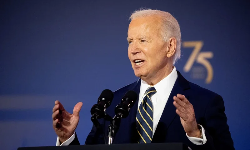 WASHINGTON, DC - JULY 9: U.S. President Joe Biden speaks during a NATO 75th anniversary celebratory event at the Andrew Mellon Auditorium on July 9, 2024 in Washington, DC. NATO leaders convene in Washington this week for its annual summit to discuss their future strategies and commitments, and marking the 75th anniversary of the alliance's founding. (Photo by Andrew Harnik/Getty Images)