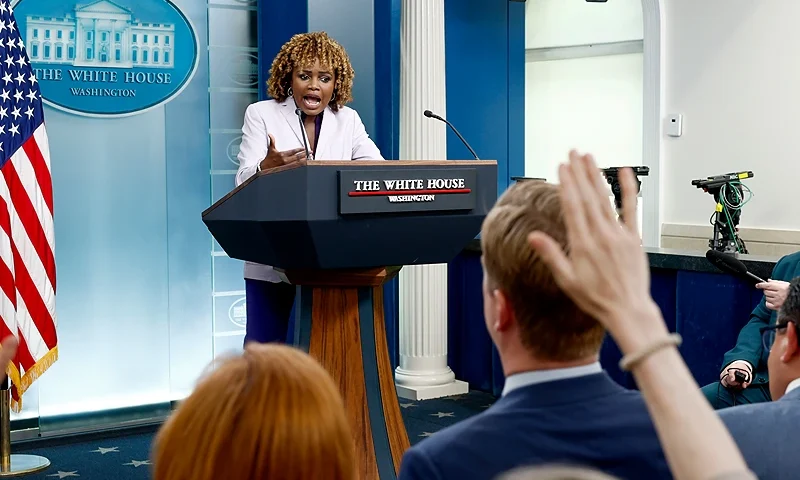 WASHINGTON, DC - JULY 08: White House Press Secretary Karine Jean-Pierre speaks during a daily news briefing at the James S. Brady Press Briefing Room of the White House on July 08, 2024 in Washington, DC. During the briefing reporters asked a range of questions pertaining to the upcoming NATO summit and U.S. President Joe Biden’s health. (Photo by Anna Moneymaker/Getty Images)