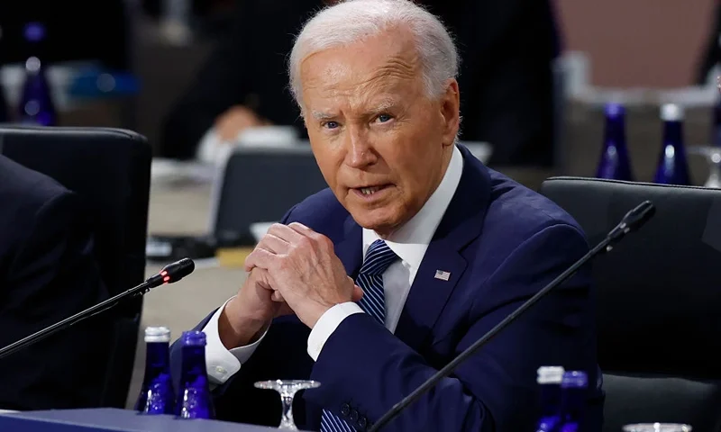 WASHINGTON, DC - JULY 10: U.S. President Joe Biden delivers remarks at a meeting of the heads of state of the North Atlantic Council at the 2024 NATO Summit on July 10, 2024 in Washington, DC. NATO leaders convene in Washington this week for its annual summit to discuss future strategies and commitments and mark the 75th anniversary of the alliance’s founding (Photo by Kevin Dietsch/Getty Images)