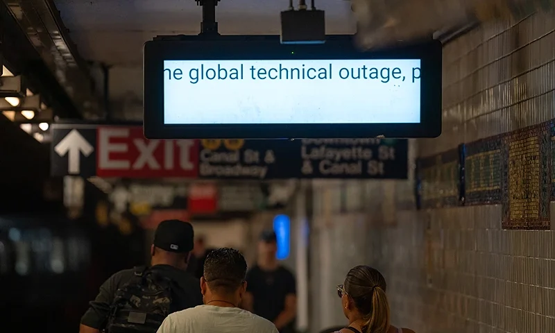 NEW YORK, NEW YORK - JULY 19: An information screen informs travelers that train information is not running due to the global technical outage at Canal Street subway station on July 19, 2024 in New York City. Businesses and transport worldwide were affected by a global technology outage that was attributed to a software update issued by CrowdStrike, a cybersecurity firm whose software is used by many industries around the world. (Photo by Adam Gray/Getty Images)