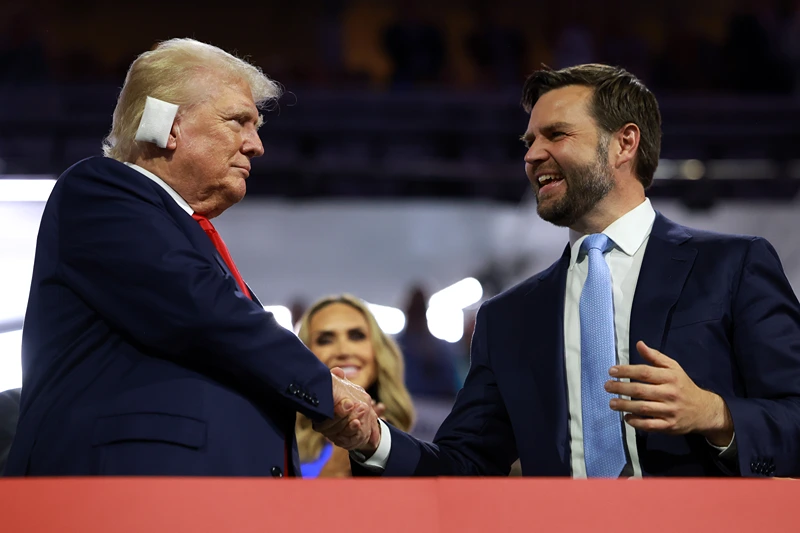 2024 Republican National Convention: Day 1
MILWAUKEE, WISCONSIN - JULY 15: Republican presidential candidate, former U.S. President Donald Trump (L) and Republican vice presidential candidate, U.S. Sen. J.D. Vance (R-OH) appear on the first day of the Republican National Convention at the Fiserv Forum on July 15, 2024 in Milwaukee, Wisconsin. Delegates, politicians, and the Republican faithful are in Milwaukee for the annual convention, concluding with former President Donald Trump accepting his party's presidential nomination. The RNC takes place from July 15-18. (Photo by Joe Raedle/Getty Images)