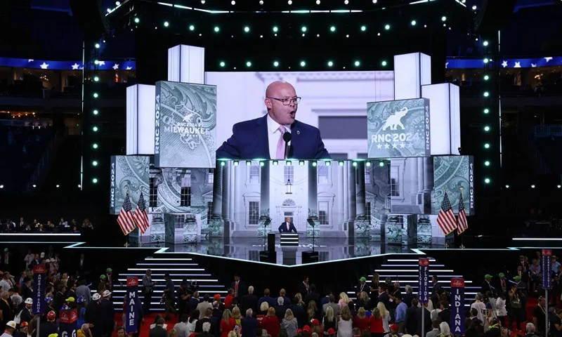 MILWAUKEE, WISCONSIN - JULY 15: President of the International Brotherhood of Teamsters Sean O’Brien speaks on stage on the first day of the Republican National Convention at the Fiserv Forum on July 15, 2024 in Milwaukee, Wisconsin. Delegates, politicians, and the Republican faithful are in Milwaukee for the annual convention, concluding with former President Donald Trump accepting his party's presidential nomination. The RNC takes place from July 15-18. (Photo by Chip Somodevilla/Getty Images)